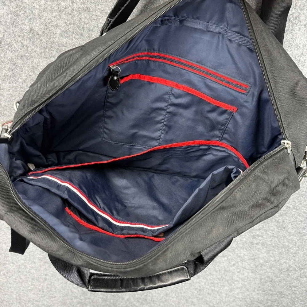 Tommy Hilfiger Mens Black Canvas‎ Messenger Bag Laptop Crossbody Stripe Accent